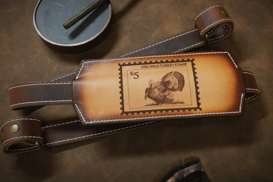 Leather wild turkey toter sling with vintage turkey stamp engraving